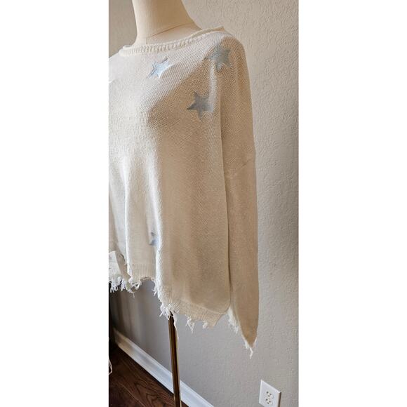 Storia Star Fringe Hem Boat Neck Sweater Emb Stars Oversized Womens Size M - Picture 4 of 8